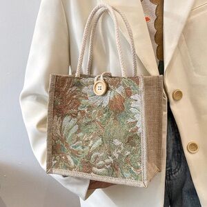 Floral Beige Small All Seasons Canvas Ethnic Style Square Bag Tote Bag